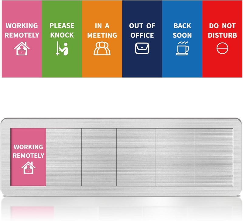 EliteSign Office Door Signs 6 Options Do Not Disturb, Please Knock, In A Meeting, Out Of Office, Working Remotely Back Soon Privacy Door Slider Sign For Meeting & Conference Room Brushed Silver - Image 1